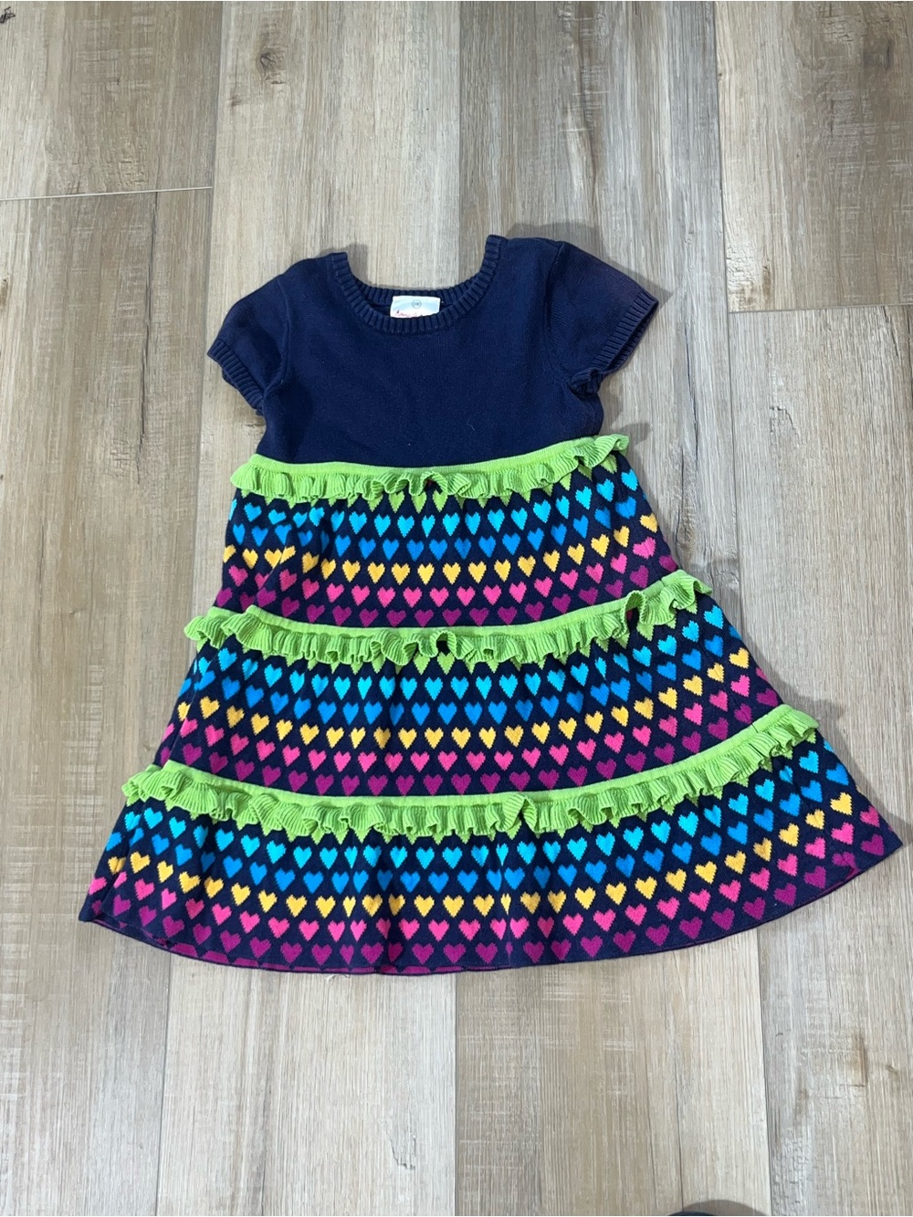 Hanna Andersson Girl’s Rainbow Hearts Ruffle  Cotton Sweater Dress Size 4